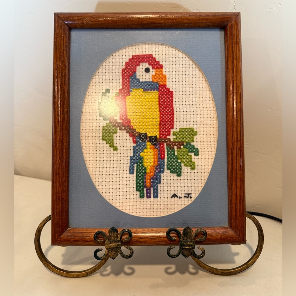 Vintage MCM Parrot Macaw Bird Cross Stitch‎ Embroidery Wood Framed Art